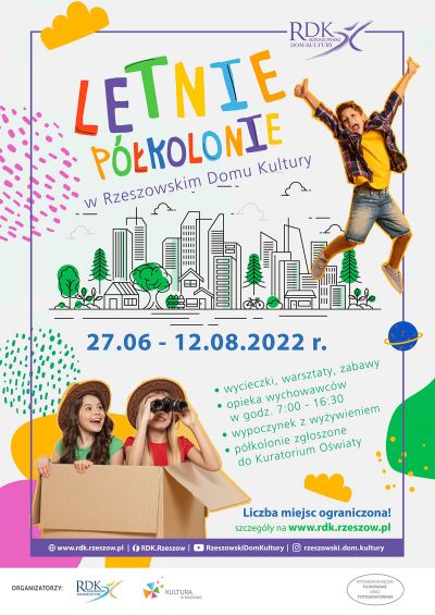 Plakat promujący Letnie Półkolonie w Rzeszowskim Domu Kultury